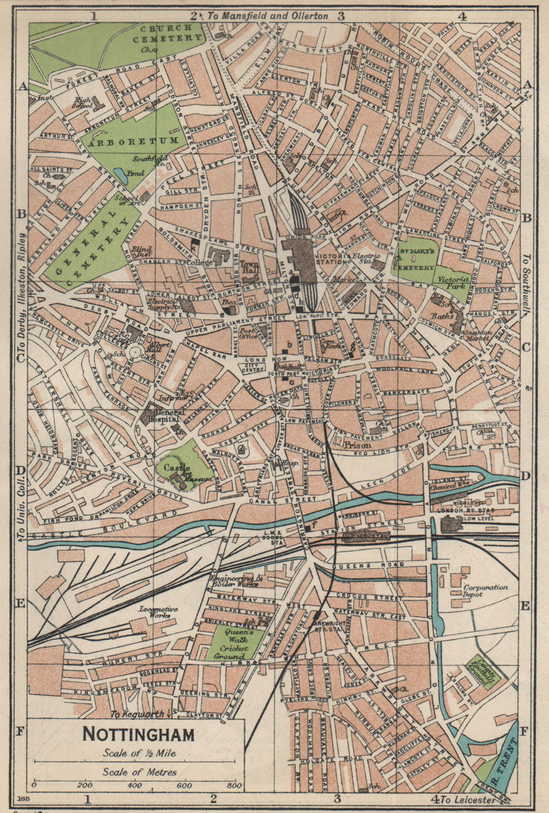 NOTTINGHAM. Vintage town city map plan. Nottinghamshire 1939 old vintage